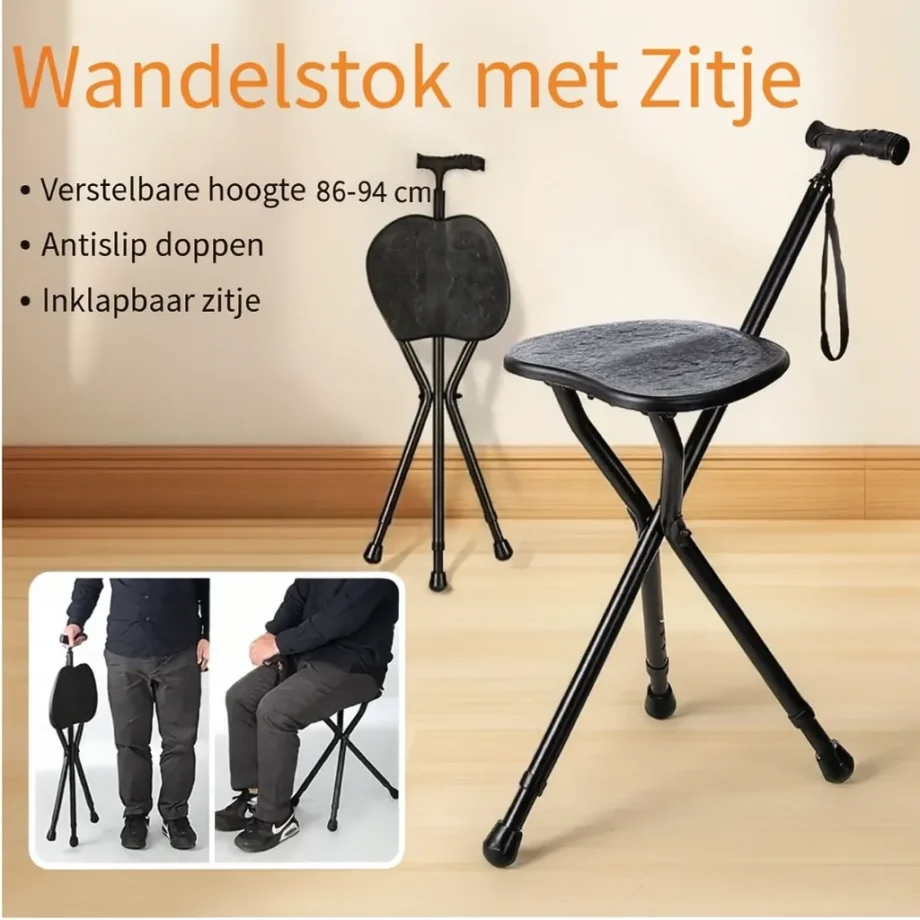 Tripod Wandelstok met Zitje (Driepoot)