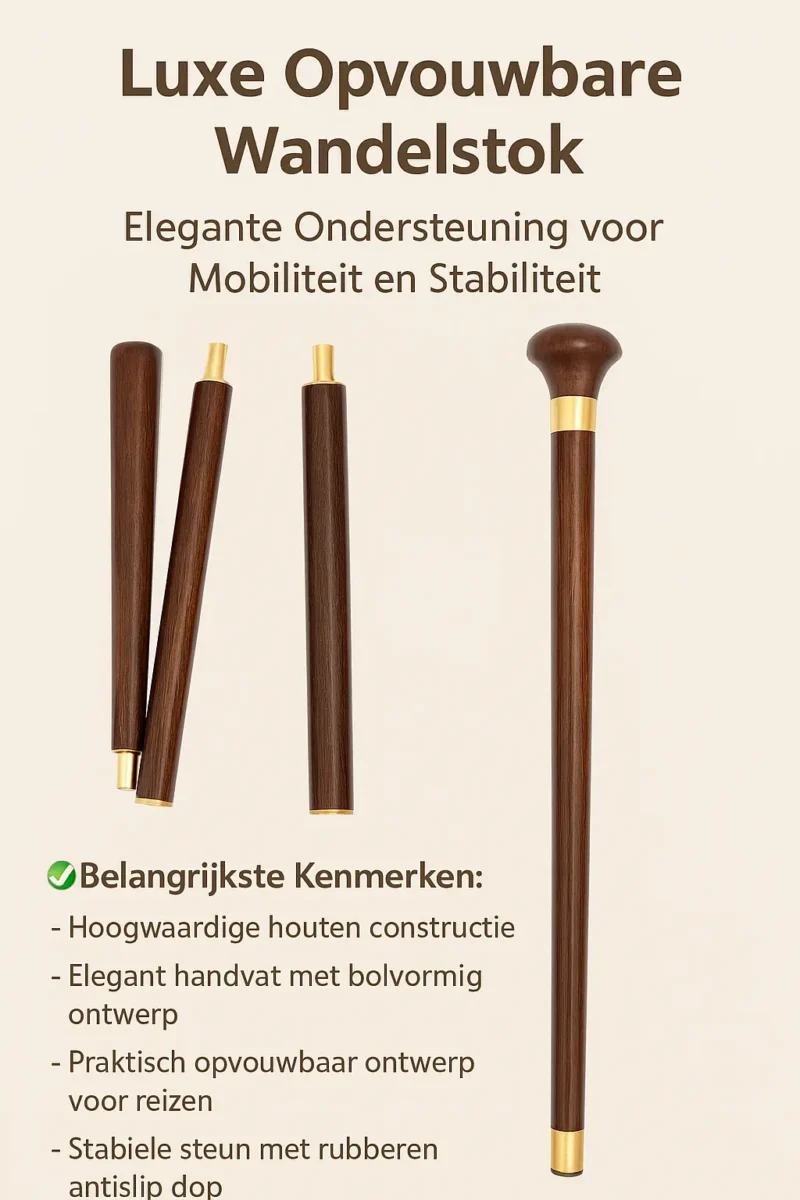 Opvouwbare Houten Wandelstok met Antisliprubber