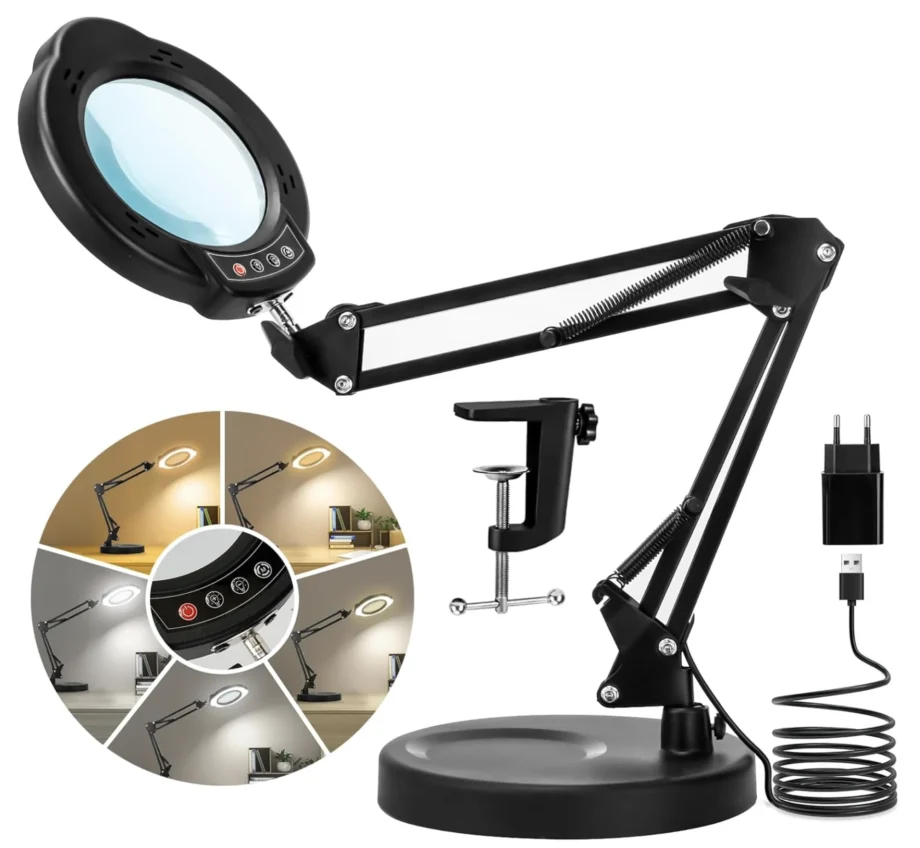 Tafellamp & Vergrootglas 2-in-1 – Tot 10x Vergroting & 3 Lichtkleuren