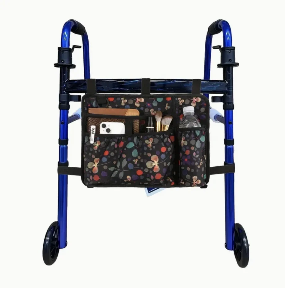 Universele Zij-/Opbergtas voor Rollator, Rolstoel & Scootmobiel Vlinderbloem Zwart