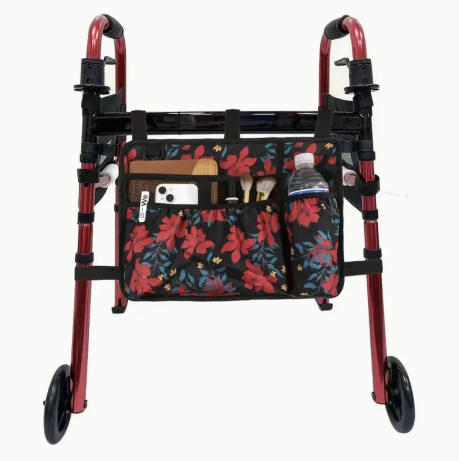 Universele Zij-/Opbergtas voor Rollator, Rolstoel & Scootmobiel Hibiscus Rood