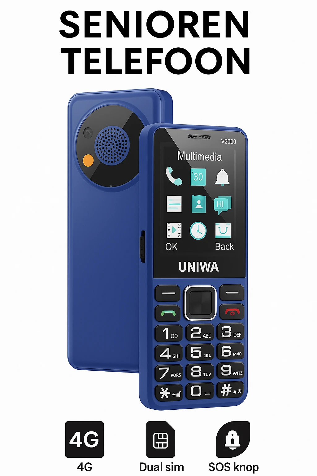 Senioren Telefoon – 4G, SOS & USB-C Oplaadbaar – Blauw