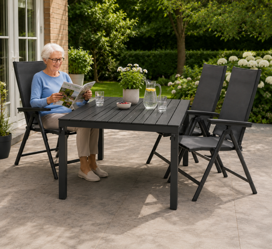 Tuinset voor Senioren – Aluminium Tafel met 4 Verstelbare Tuinstoelen