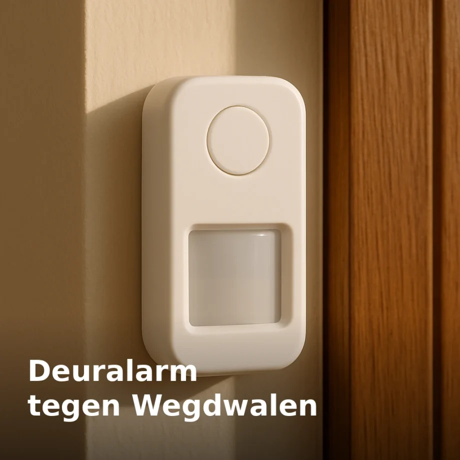 Klein wit deuralarm met bewegingssensor gemonteerd naast een voordeur