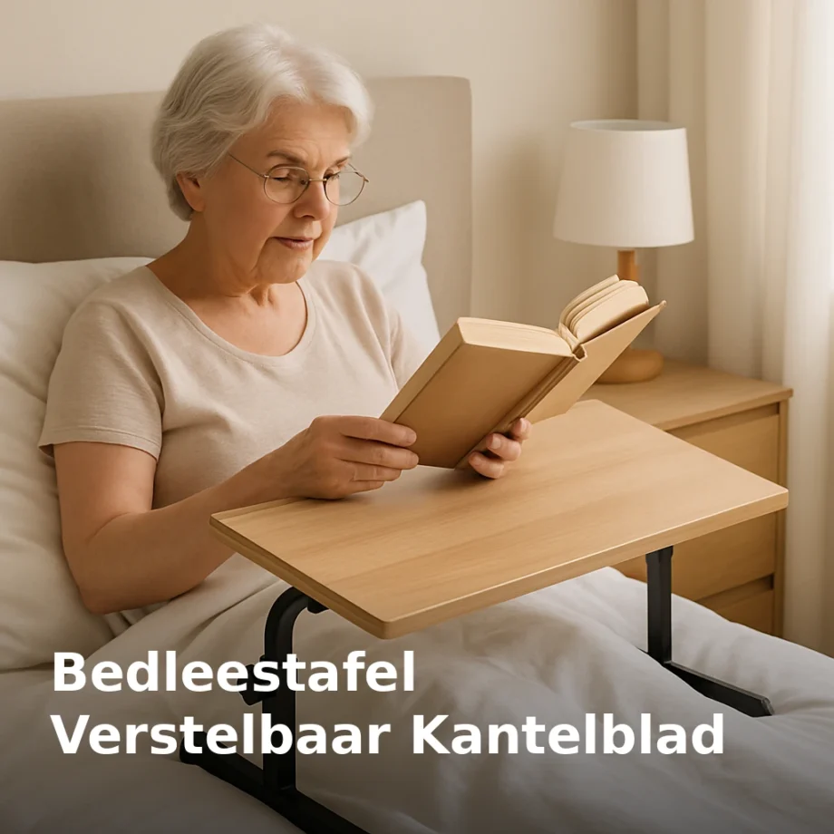 Senior leest een boek op een verstelbare bedleestafel over het bed