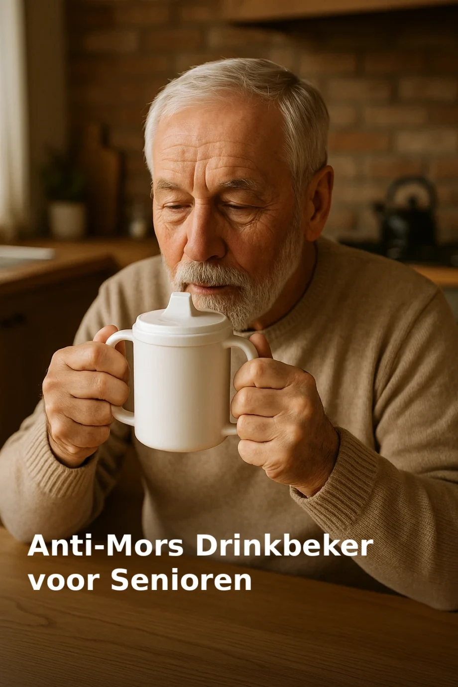 Senior man drinkt uit anti-mors drinkbeker met deksel