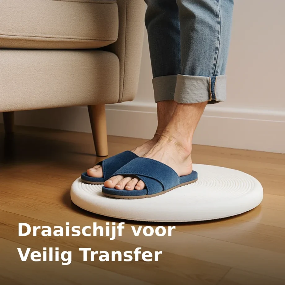 Senior stapt met slippers op een ronde antislip draaischijf naast een stoel