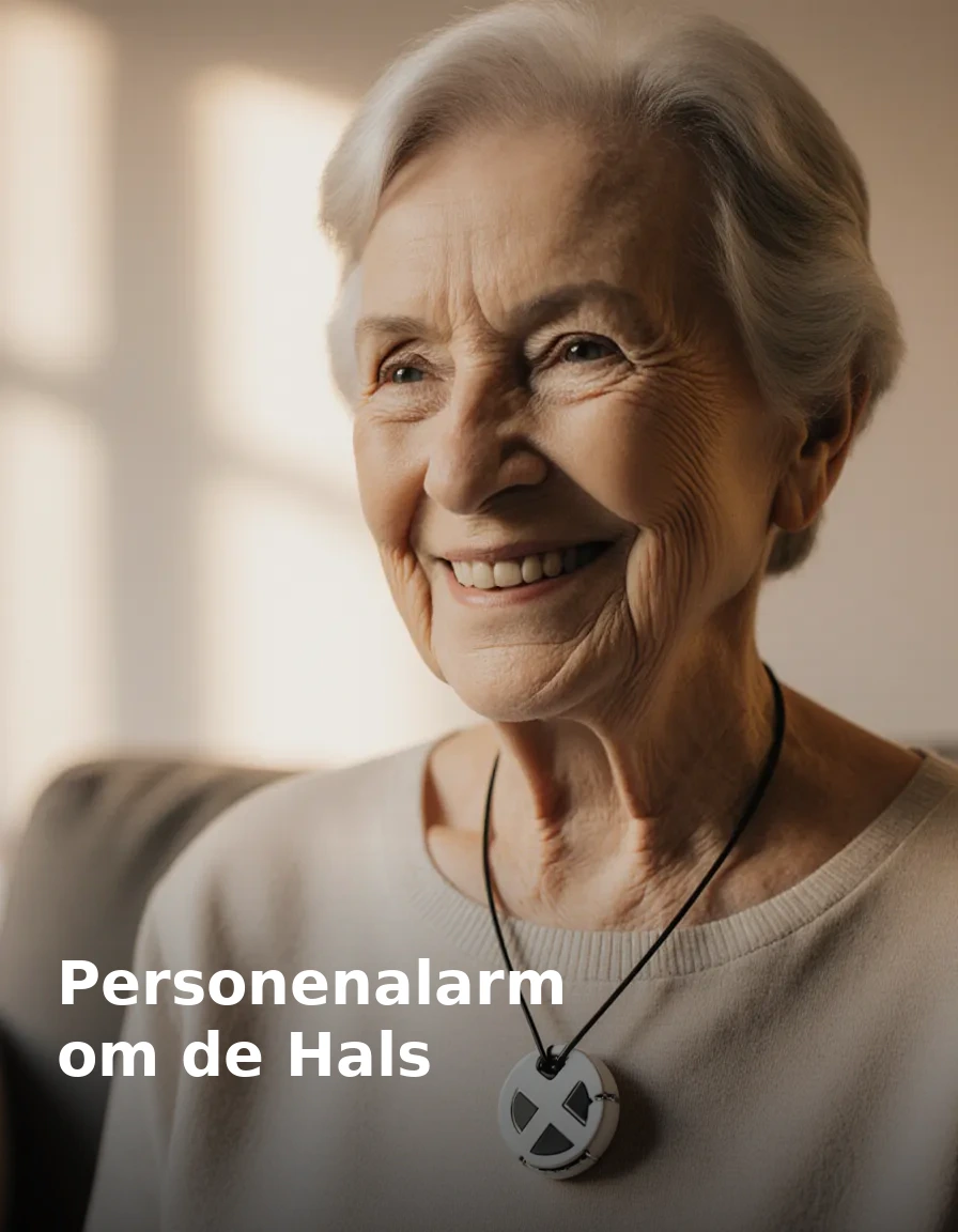 Senior vrouw draagt een personenalarm hanger om de hals