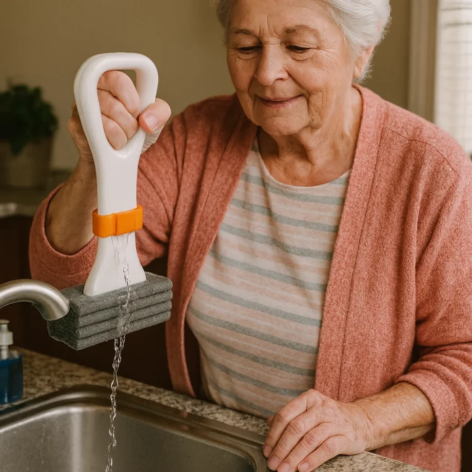 Oudere vrouw wringt de vaatdoekmop met een hand uit boven de gootsteen