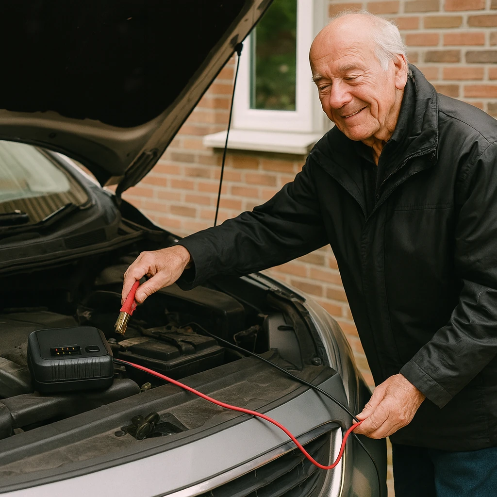 oudere man sluit de druppellader aan op de accu van zijn auto