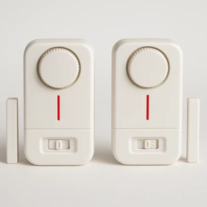 twee witte deur- en raamalarm kastjes met magneetblokjes op witte achtergrond