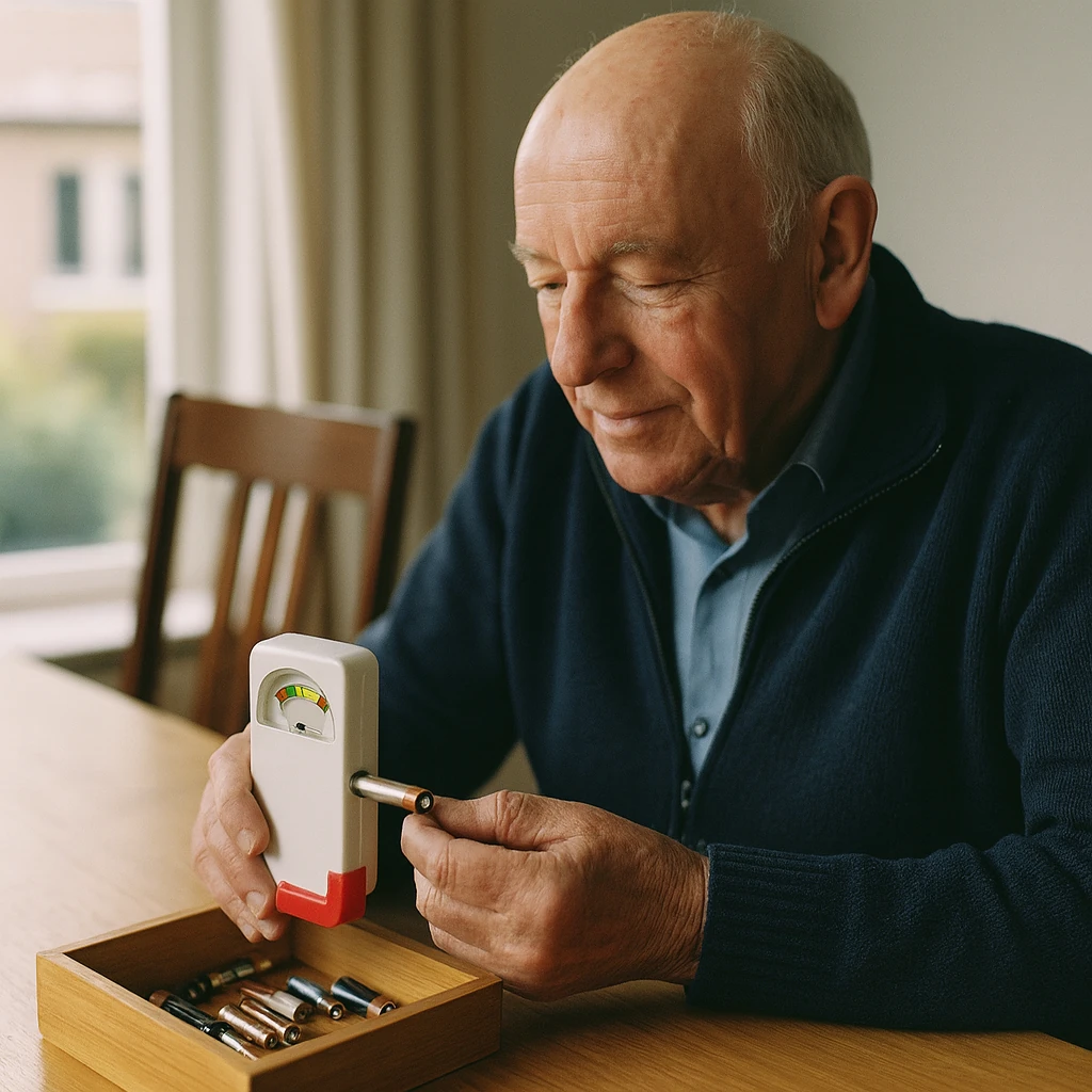 oudere man test een batterij met de batterijtester aan de eettafel