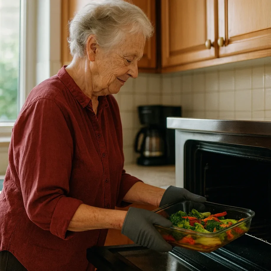 oudere vrouw haalt een ovenschaal uit de oven met siliconen ovenhandschoenen