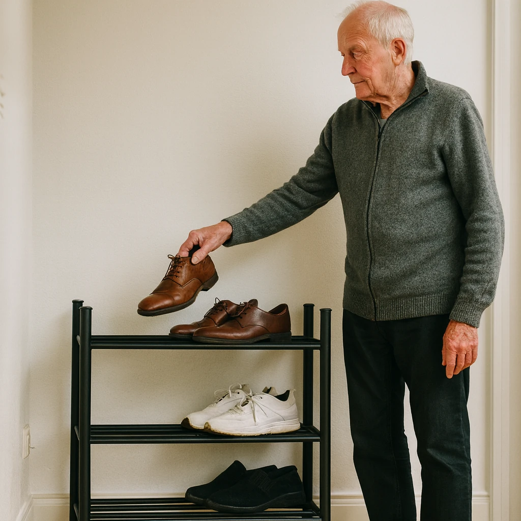 oudere man zet zijn schoenen op het uitschuifbare schoenenrek in de hal