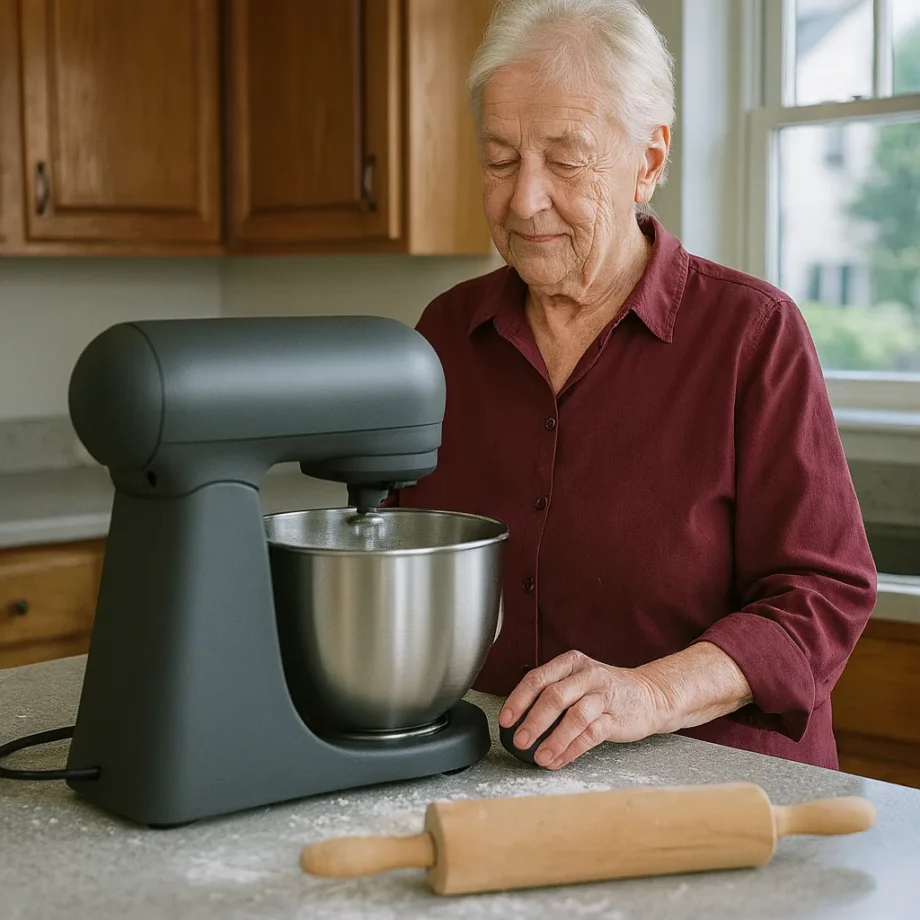 oudere vrouw kneedt deeg met haar keukenmachine op het aanrecht