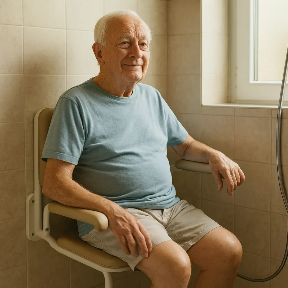 oudere man zit op een opklapbare douchestoel met armleuning in de douche