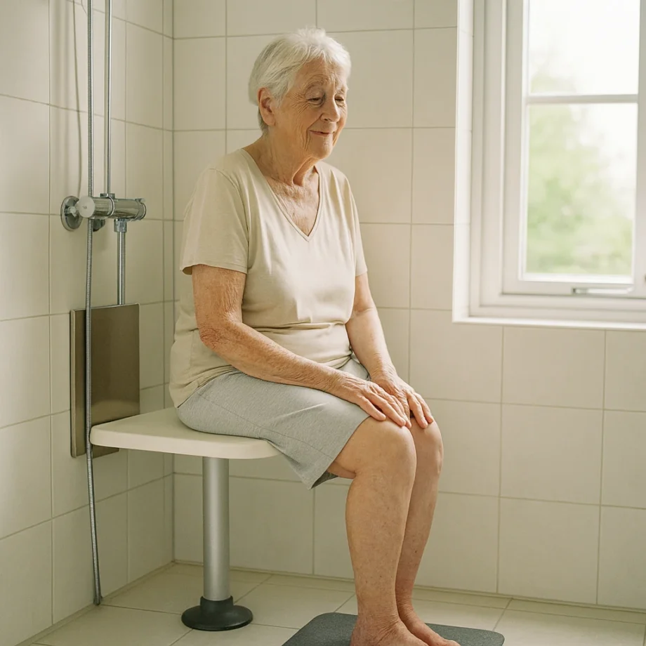 oudere vrouw zit op een douchezitting aan de wand met middenpoot