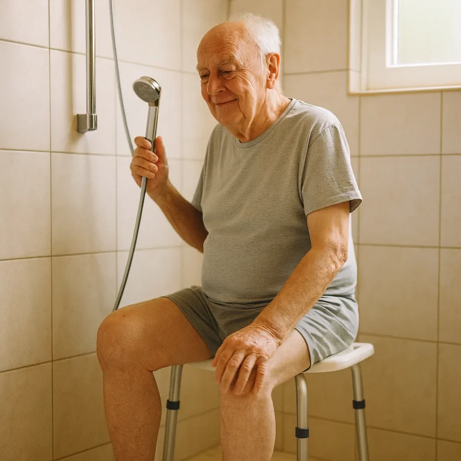 oudere man zit op een douchekruk in de doucheruimte