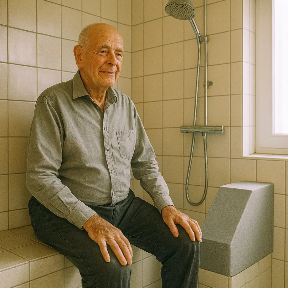 oudere man zit op een betegelde douchebank in de hoek van de douche