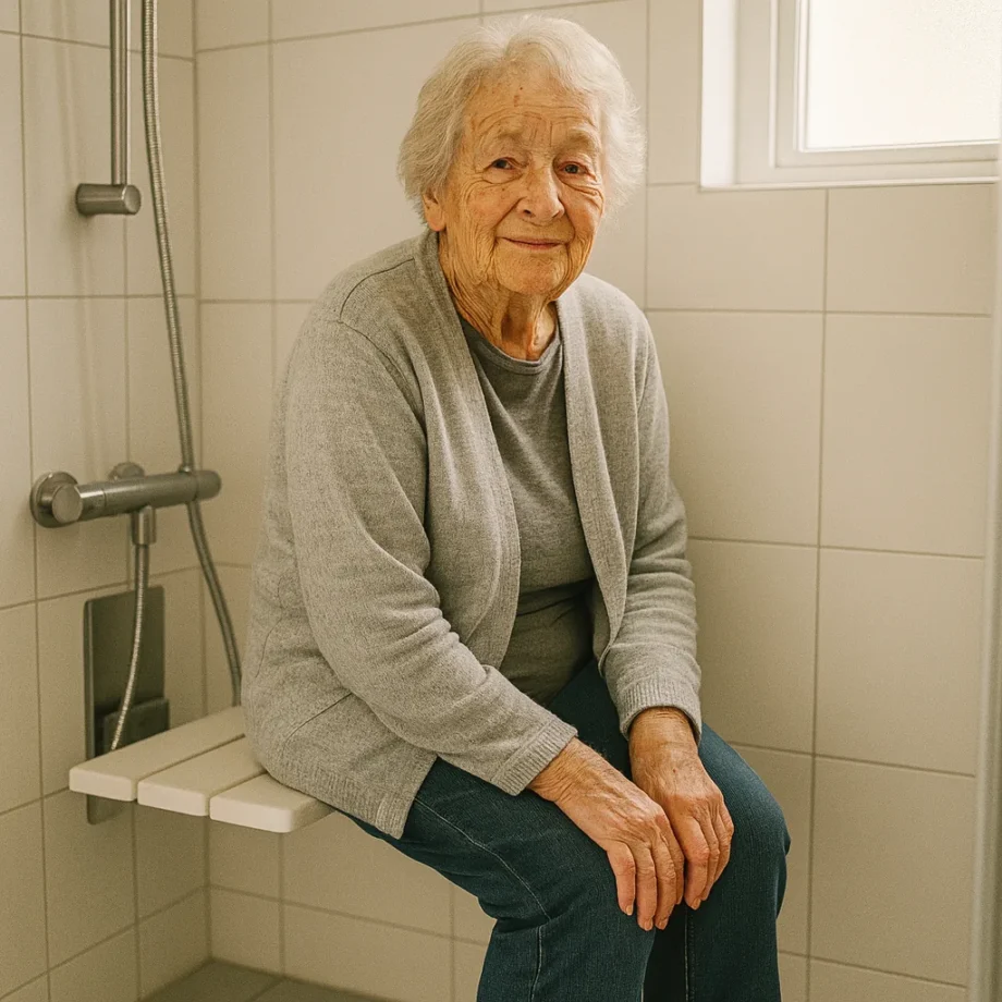 oudere vrouw zit op een compacte opklapbare douchezitting