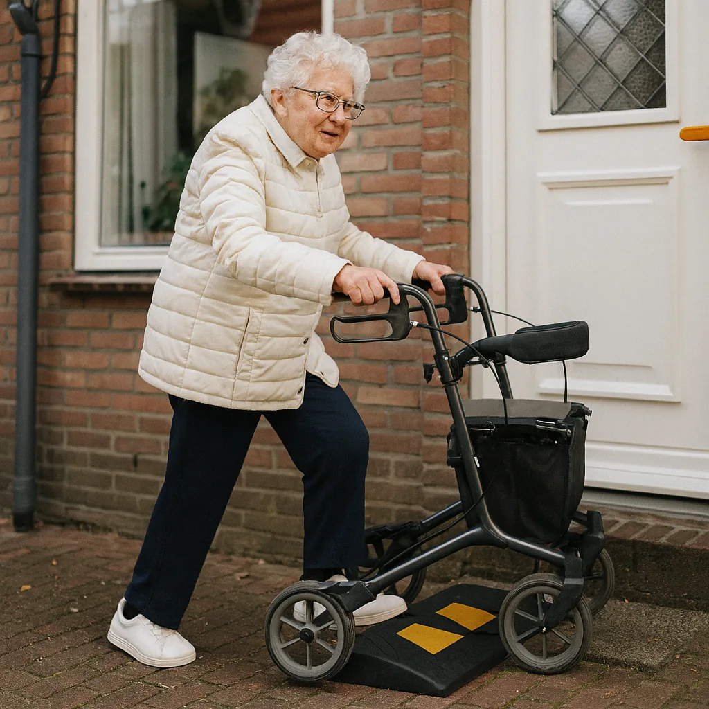 oudere vrouw rijdt met haar rollator over een rubberen oprijdrempel