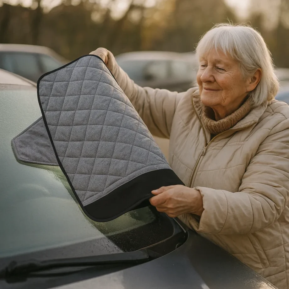Oudere vrouw haalt de vorsthoes van haar ijsvrije voorruit