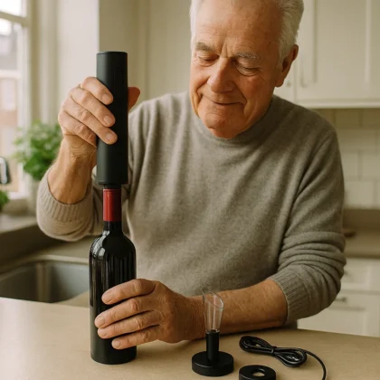 Oudere man opent een fles wijn met de elektrische wijnopener in de keuken