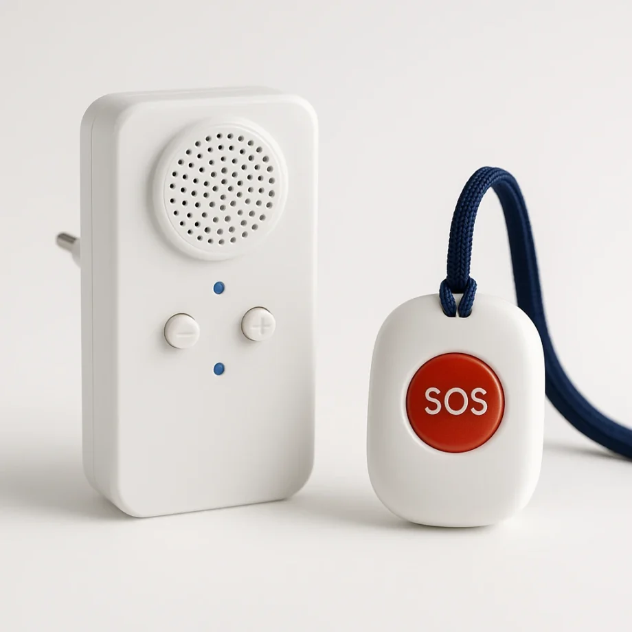 Oproepknop met witte pager-ontvanger en zender met grote rode SOS-knop