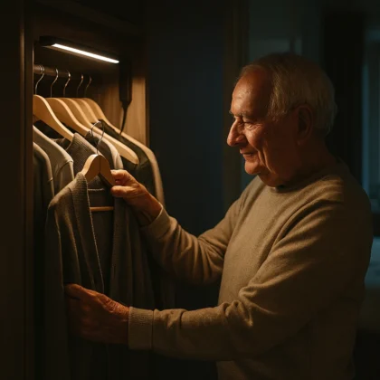 Oudere man pakt kleding uit de kast die door de led-lichtbalk wordt verlicht