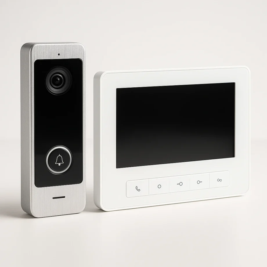 Video-intercom met zilveren buitenunit met camera en witte binnenunit met 7 inch scherm