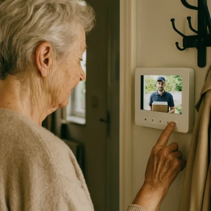 Oudere vrouw bekijkt de bezorger op het scherm van de video-intercom in de gang