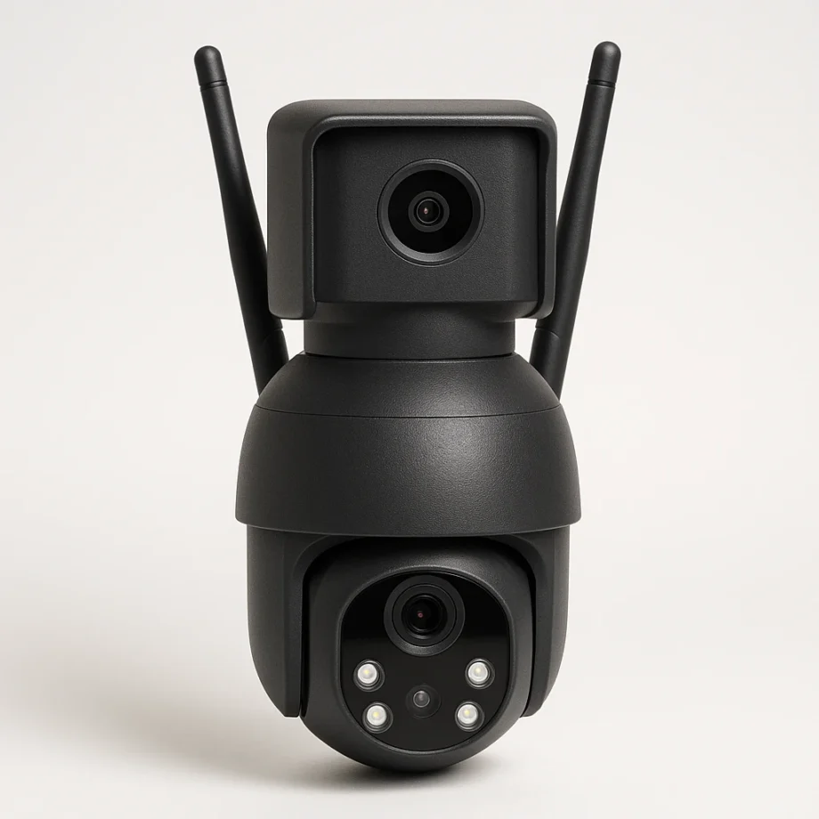 Buitencamera met twee lenzen boven elkaar, ledlampjes en twee antennes