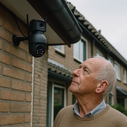 Oudere man kijkt naar de buitencamera die onder de dakrand aan de gevel hangt