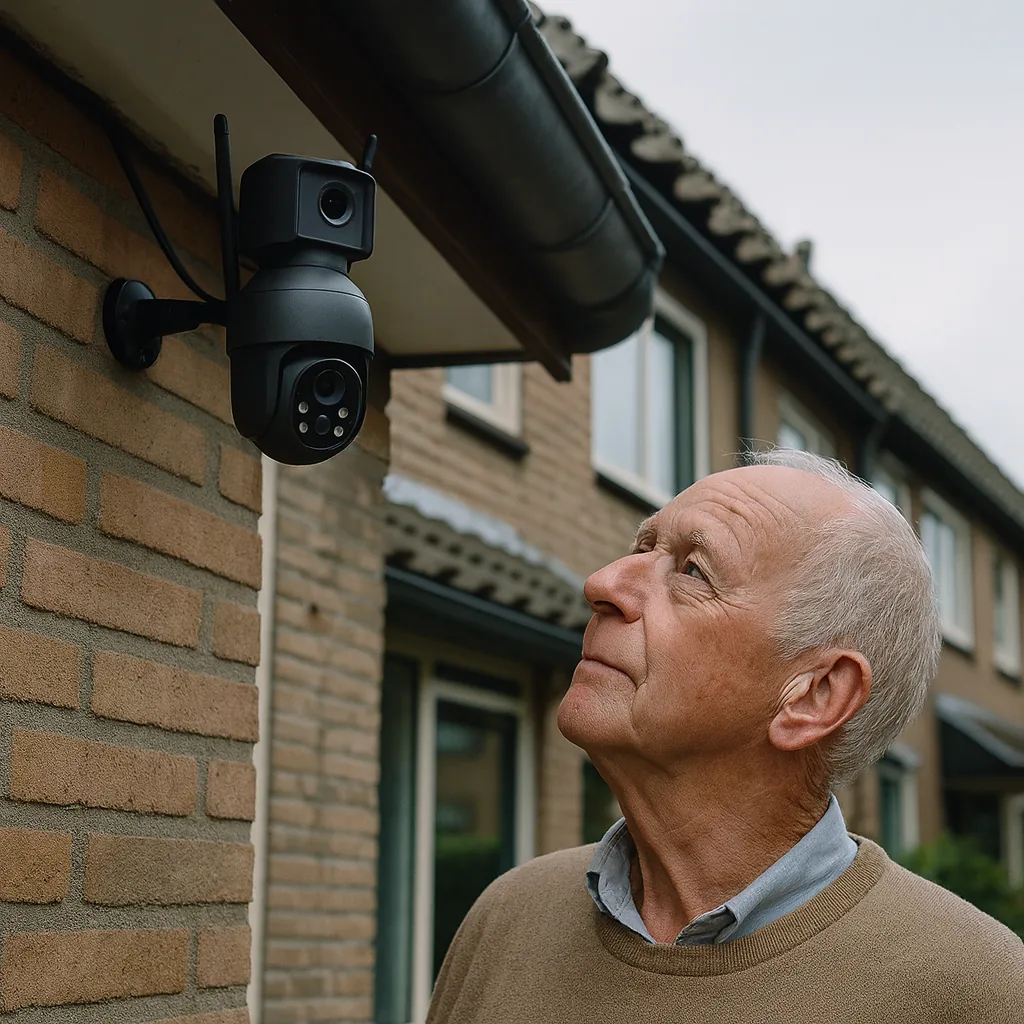 Oudere man kijkt naar de buitencamera die onder de dakrand aan de gevel hangt